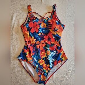 Tropical Floral One-Piece Swimsuit, Small, Criss Cross Straps in Back, Cups, NIB